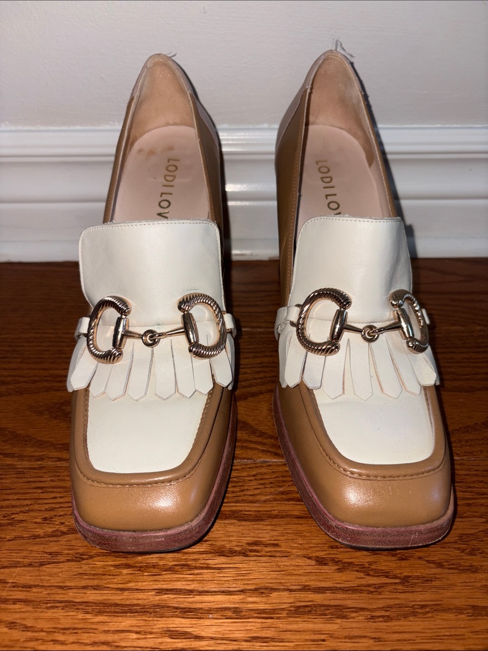 Two-Tone Cream & Tan Kiltie Loafers with Gold Horsebit